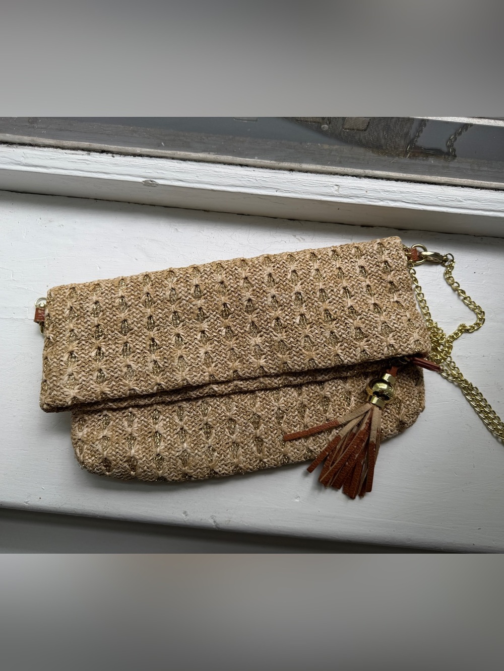 Steve Madden Natural Woven Fold-Over Clutch with Brown Tassel